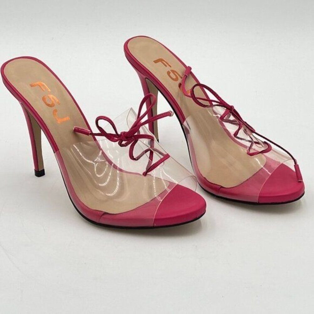 FSJ Fuchsia Clear Lace Up High Heel Sandals Mules Peep Toe Slide Slip On Summer